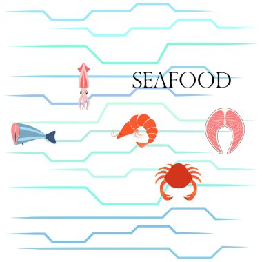 Balık, karides, yengeç, mürekkep balığı. Deniz ürünleri. Yemek ve restoran tasarımı.