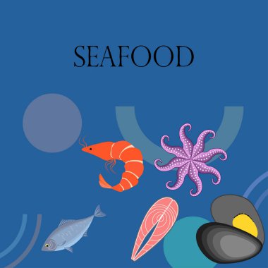 Deniz ürünleri vektör illüstrasyonu. Taze deniz balığı, midye, karides, ahtapot..
