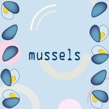 Midyeler taze deniz ürünleri. Vektör arka planı. Yemek ve restoran tasarımı.