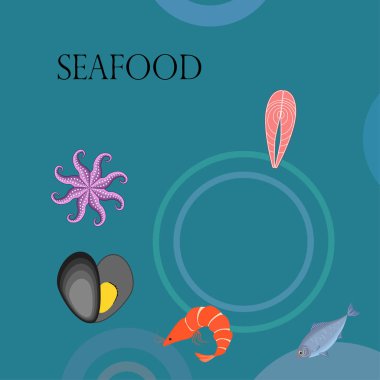 Deniz ürünleri vektör illüstrasyonu. Taze deniz balığı, midye, karides, ahtapot..