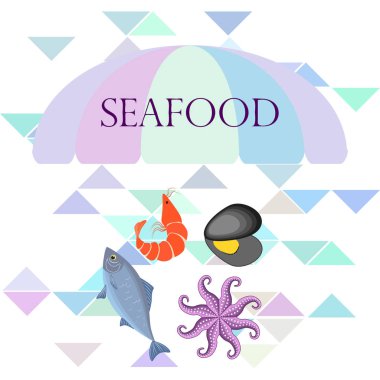 Deniz ürünleri vektör illüstrasyonu. Taze deniz balığı, midye, karides, ahtapot..