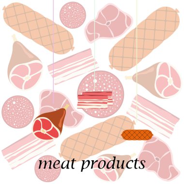 Sosis, biftek, bütün ayak, pastırma, taze et. Çiftlik mağazası konsepti için görüntü. Vektör arka planı.