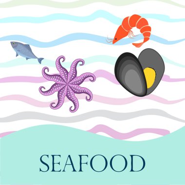 Deniz ürünleri vektör illüstrasyonu. Taze deniz balığı, midye, karides, ahtapot..