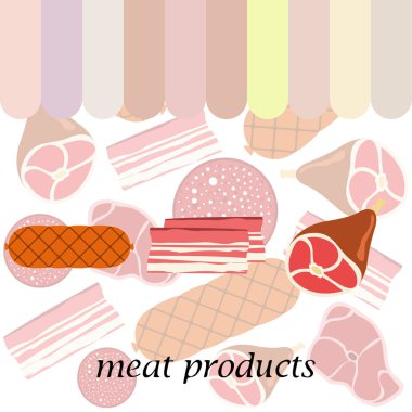 Sosis, biftek, bütün ayak, pastırma, taze et. Çiftlik mağazası konsepti için görüntü. Vektör arka planı.