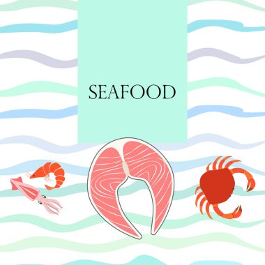 Balık, karides, yengeç, mürekkep balığı. Deniz ürünleri. Yemek ve restoran tasarımı.