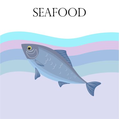 Deniz ürünleri vektör illüstrasyonu. Taze deniz balığı, midye, karides, ahtapot..