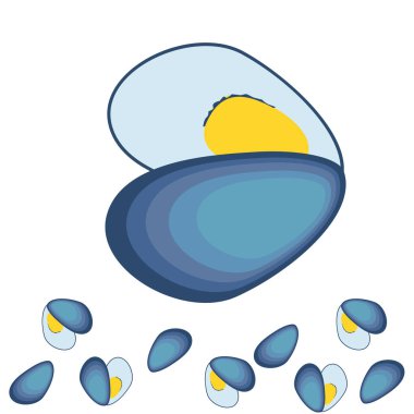 Midyeler taze deniz ürünleri. Vektör arka planı. Yemek ve restoran tasarımı.