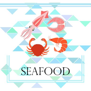 Balık, karides, yengeç, mürekkep balığı. Deniz ürünleri. Yemek ve restoran tasarımı.