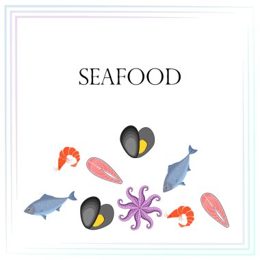 Deniz ürünleri vektör illüstrasyonu. Taze deniz balığı, midye, karides, ahtapot..