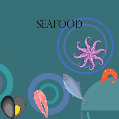 Deniz ürünleri vektör illüstrasyonu. Taze deniz balığı, midye, karides, ahtapot..