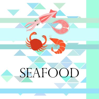 Balık, karides, yengeç, mürekkep balığı. Deniz ürünleri. Yemek ve restoran tasarımı.