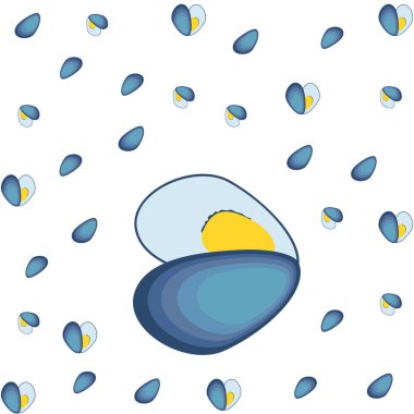 Midyeler taze deniz ürünleri. Vektör arka planı. Yemek ve restoran tasarımı.