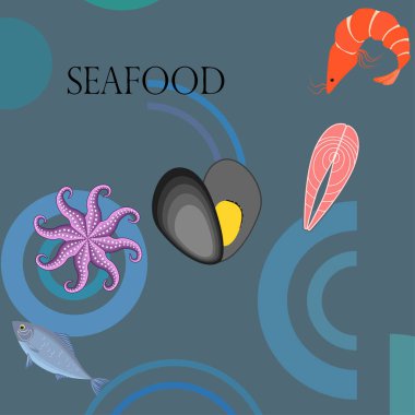 Deniz ürünleri vektör illüstrasyonu. Taze deniz balığı, midye, karides, ahtapot..
