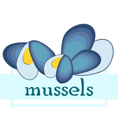 Midyeler taze deniz ürünleri. Vektör arka planı. Yemek ve restoran tasarımı.