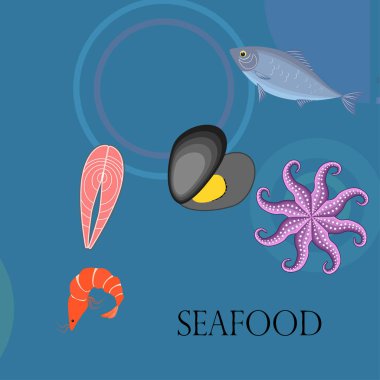 Deniz ürünleri vektör illüstrasyonu. Taze deniz balığı, midye, karides, ahtapot..