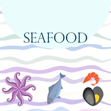 Deniz ürünleri vektör illüstrasyonu. Taze deniz balığı, midye, karides, ahtapot..