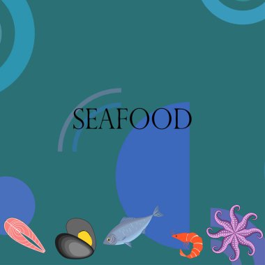 Deniz ürünleri vektör illüstrasyonu. Taze deniz balığı, midye, karides, ahtapot..