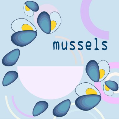 Midyeler taze deniz ürünleri. Vektör arka planı. Yemek ve restoran tasarımı.