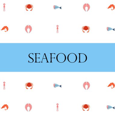 Balık, karides, yengeç, mürekkep balığı. Deniz ürünleri. Yemek ve restoran tasarımı.