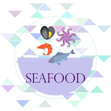 Deniz ürünleri vektör illüstrasyonu. Taze deniz balığı, midye, karides, ahtapot..