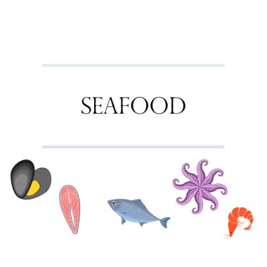 Deniz ürünleri vektör illüstrasyonu. Taze deniz balığı, midye, karides, ahtapot..