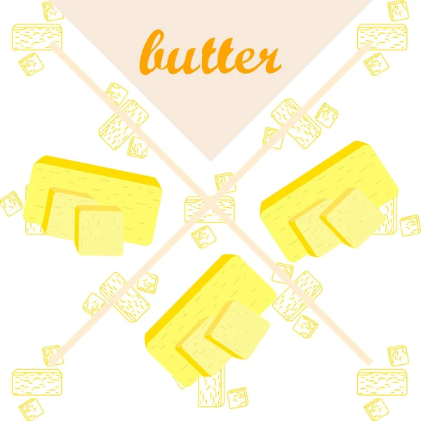 Vector pau amarelo de manteiga. Fatias de margarina ou espalhar, produtos lácteos naturais gordurosos. Alimentos ricos em calorias para cozinhar e comer . —  Vetores de Stock