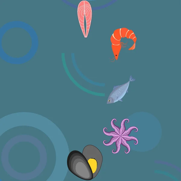 Illustration Vectorielle Des Fruits Mer Poissons Mer Frais Moules Crevettes — Image vectorielle