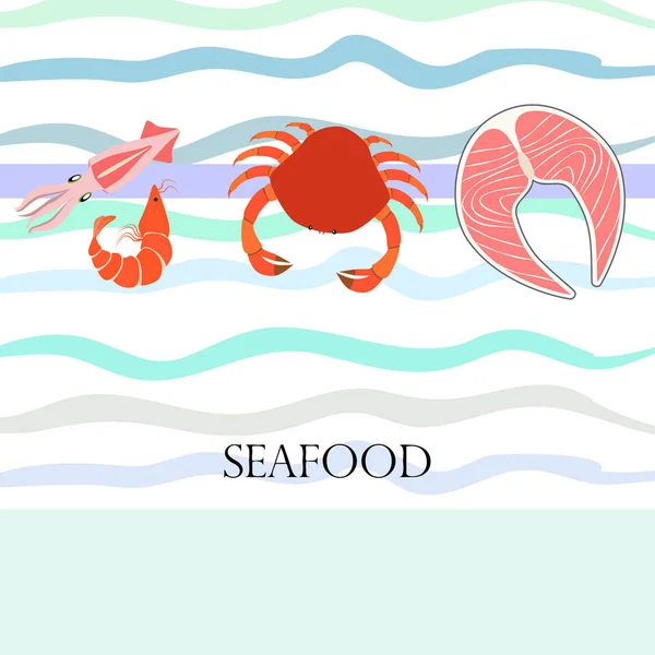 Pescado, camarones, cangrejo, calamar. Diseño de comida y restaurante. — Vector de stock