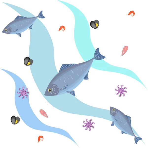 Vektorillustration Skaldjur Färsk Havsfisk Mussla Räkor Bläckfisk — Stock vektor