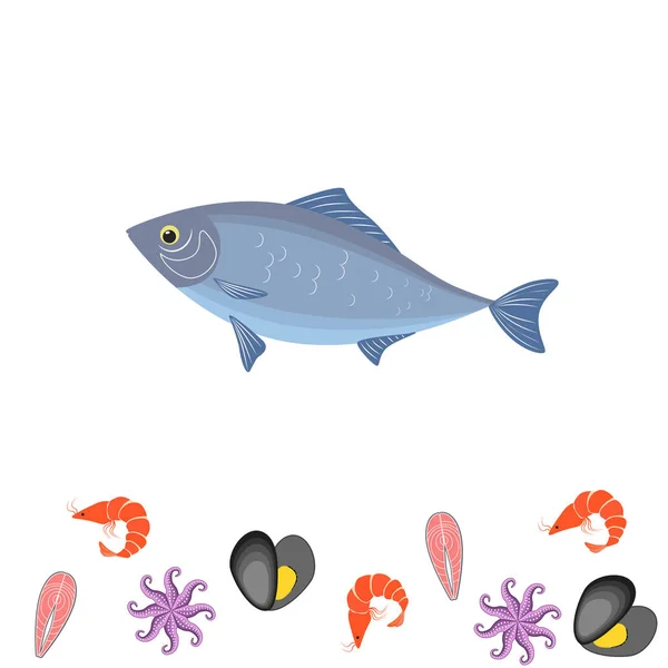 Vektorillustration Skaldjur Färsk Havsfisk Mussla Räkor Bläckfisk — Stock vektor