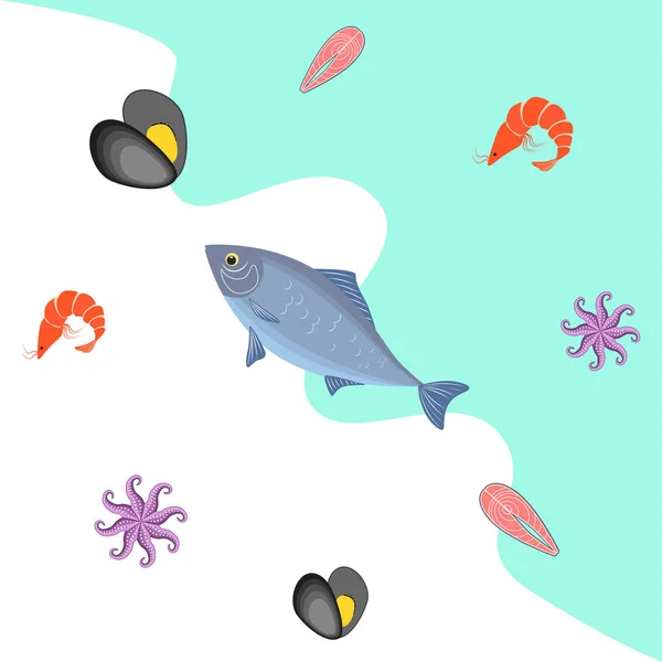 Illustrazione Vettoriale Dei Frutti Mare Pesce Mare Fresco Cozze Gamberetti — Vettoriale Stock