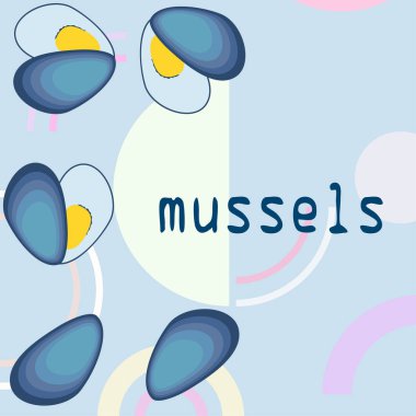 Midyeler taze deniz ürünleri. Vektör arka planı. Yemek ve restoran tasarımı.