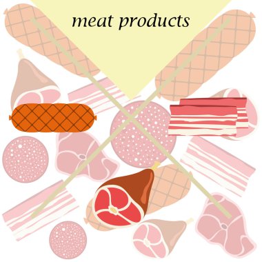 Sosis, biftek, bütün ayak, pastırma, taze et. Çiftlik mağazası konsepti için görüntü. Vektör arka planı.