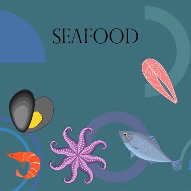 Deniz ürünleri vektör illüstrasyonu. Taze deniz balığı, midye, karides, ahtapot..
