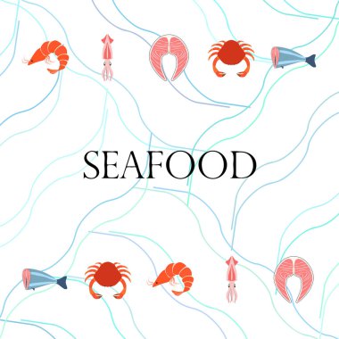 Balık, karides, yengeç, mürekkep balığı. Deniz ürünleri. Yemek ve restoran tasarımı.