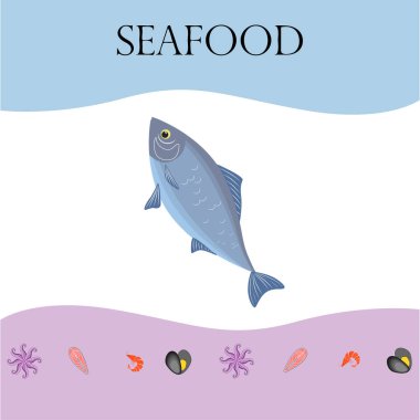 Deniz ürünleri vektör illüstrasyonu. Taze deniz balığı, midye, karides, ahtapot..