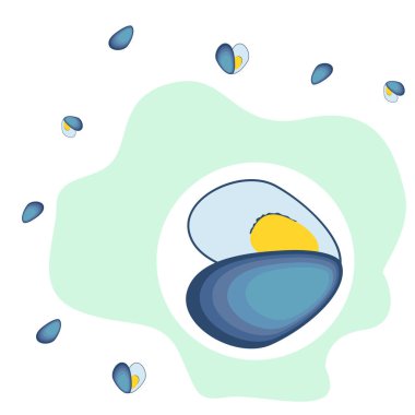 Midyeler taze deniz ürünleri. Vektör arka planı. Yemek ve restoran tasarımı.