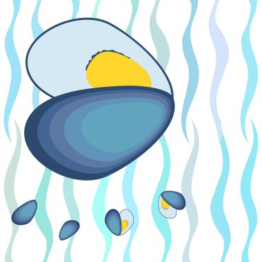 Midyeler taze deniz ürünleri. Vektör arka planı. Yemek ve restoran tasarımı.