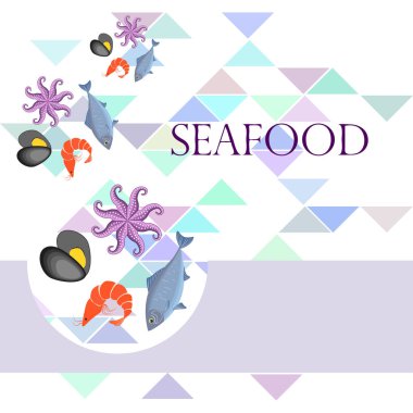 Deniz ürünleri vektör illüstrasyonu. Taze deniz balığı, midye, karides, ahtapot..