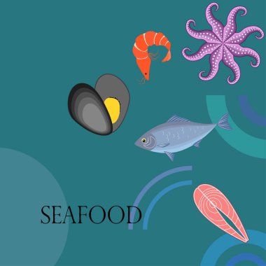 Deniz ürünleri vektör illüstrasyonu. Taze deniz balığı, midye, karides, ahtapot..