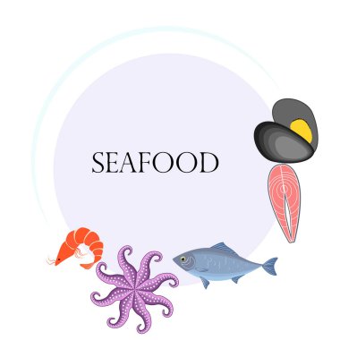 Deniz ürünleri vektör illüstrasyonu. Taze deniz balığı, midye, karides, ahtapot..