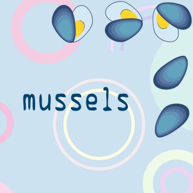 Midyeler taze deniz ürünleri. Vektör arka planı. Yemek ve restoran tasarımı.