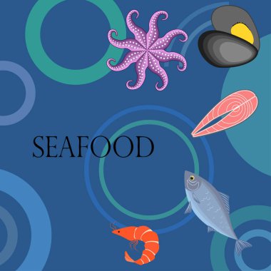 Deniz ürünleri vektör illüstrasyonu. Taze deniz balığı, midye, karides, ahtapot..