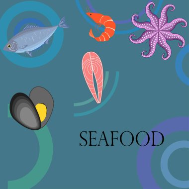 Deniz ürünleri vektör illüstrasyonu. Taze deniz balığı, midye, karides, ahtapot..