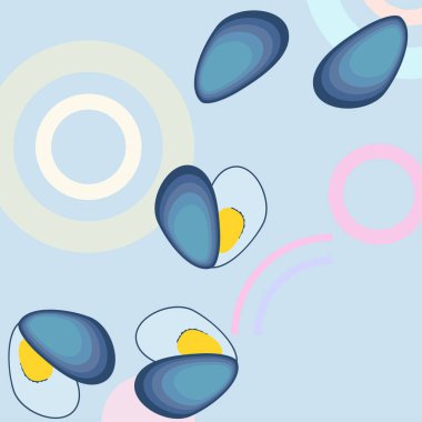 Midyeler taze deniz ürünleri. Vektör arka planı. Yemek ve restoran tasarımı.