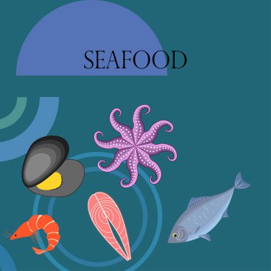 Deniz ürünleri vektör illüstrasyonu. Taze deniz balığı, midye, karides, ahtapot..