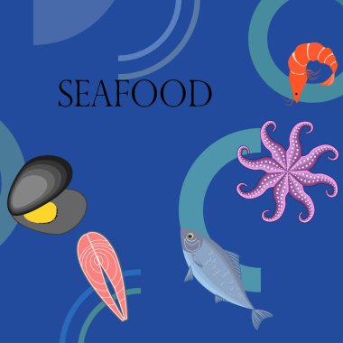 Deniz ürünleri vektör illüstrasyonu. Taze deniz balığı, midye, karides, ahtapot..
