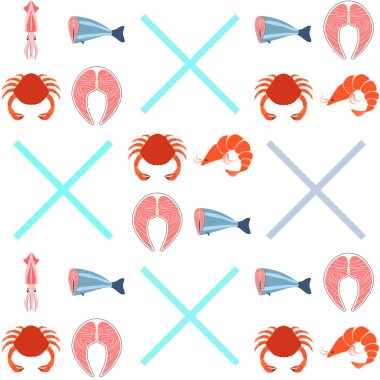 Balık, karides, yengeç, mürekkep balığı. Deniz ürünleri. Yemek ve restoran tasarımı.