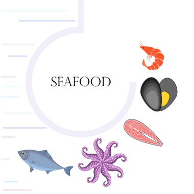 Deniz ürünleri vektör illüstrasyonu. Taze deniz balığı, midye, karides, ahtapot..