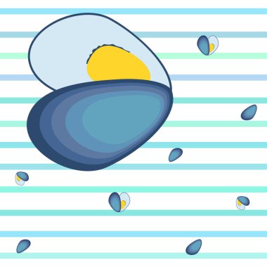 Midyeler taze deniz ürünleri. Vektör arka planı. Yemek ve restoran tasarımı.